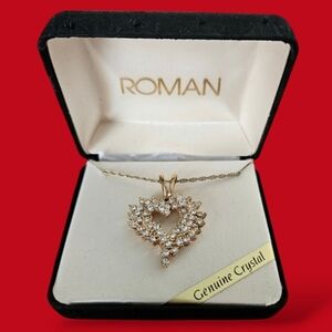 NEW! Vintage ROMAN Genuine Crystal Heart Pendant Goldtone 18" Necklace